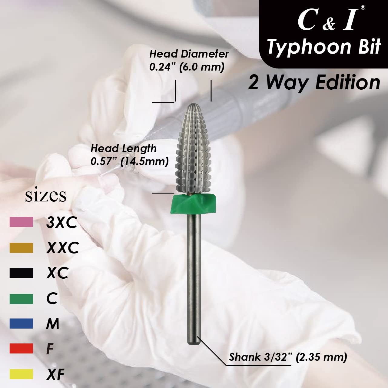 C & I Typhoon Bit, 2 Way, Fast Remove Acrylics or Gels, Both for Left Handed & Right Handed, Carbide Nail Drill Bit Electric Manicure Drill & Accessory (C (Coarse))