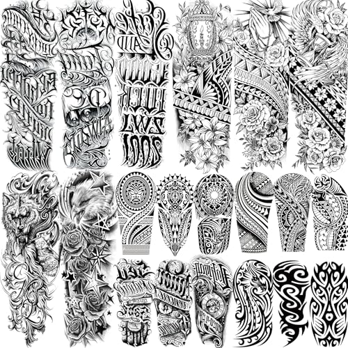 20 Sheets Maori Flower Full Arm Sleeve Temporary Tattoos For Women Adults Thigh, Half Arm Sleeve Tattoos For Men Prayer Rose Peony Florals Eagle Wolf Angel Wings, Black Halloween Fake Tattoo Stickers
