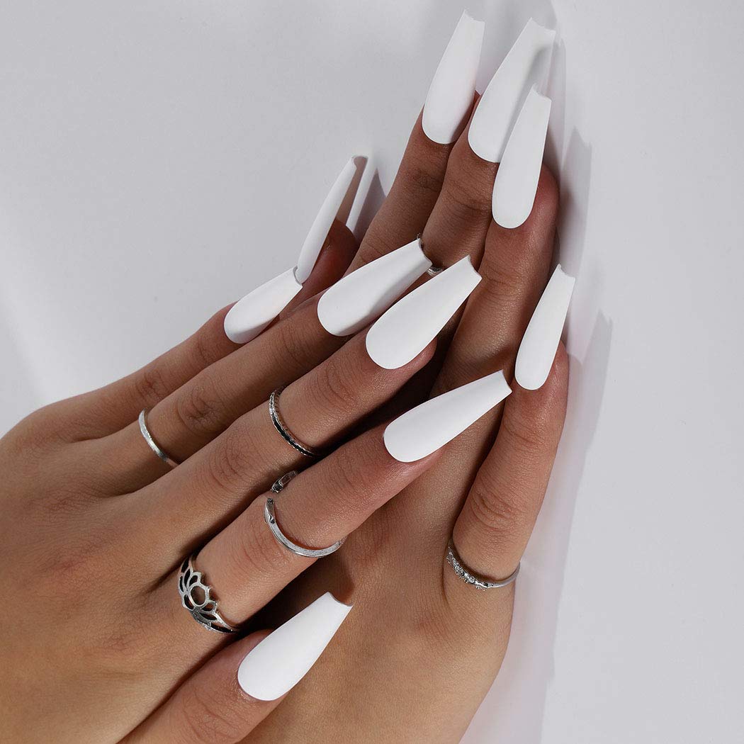 Gangel Pure White Matte False Nails Ballerina Fake Nail Artificial Full Cover Extra Long Fake Nails Coffin Acrylic Press on Nails for Women and Girls 24Pcs (WHITE)