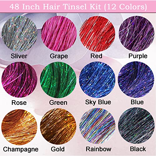 Hair Tinsel Kit 48 Inch Hair Tinsel Heat Resistant Safe 12 Colors 3600 strands Tinsel Hair Extensions with Tools,Fairy Hair Tinsel Kit for Women Girls Hair Accessories