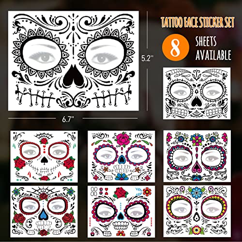 Day of the Dead Face Tattoos - 8 Sheet Sugar Skull Temporary Tattoo Kit