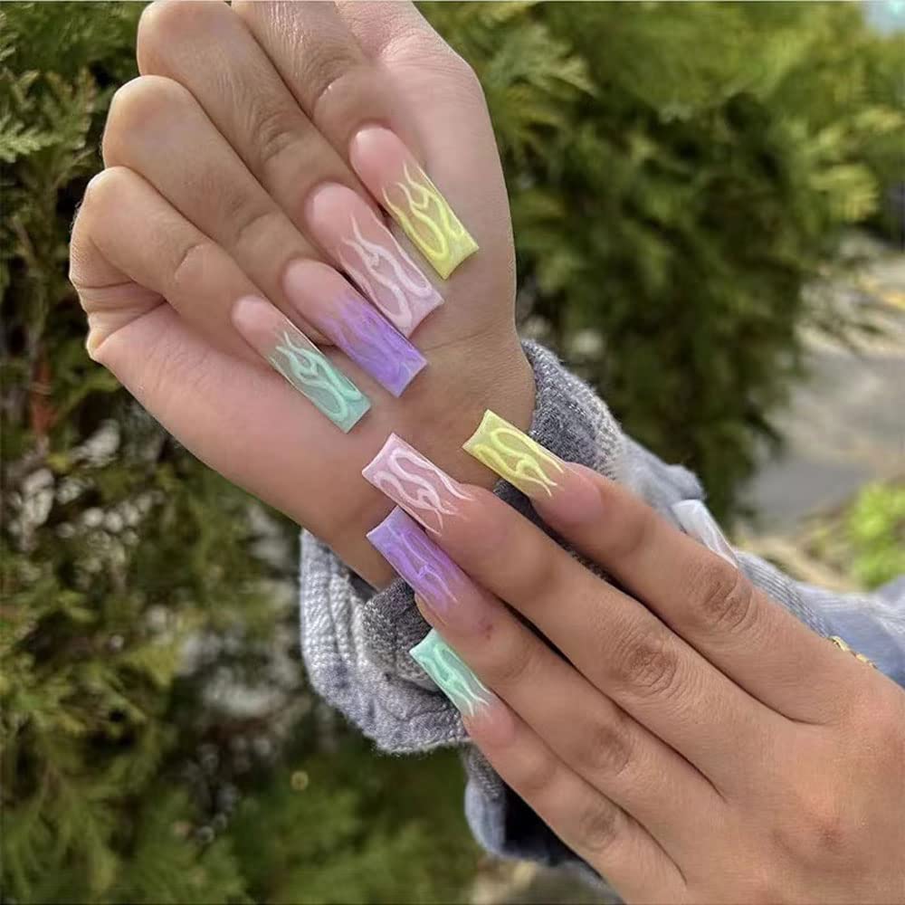 Magrace Long Square Press on Nails Fake Nails French Tips False Nails with Designs Rhinestone 24 pcs Stick on Nails for Women