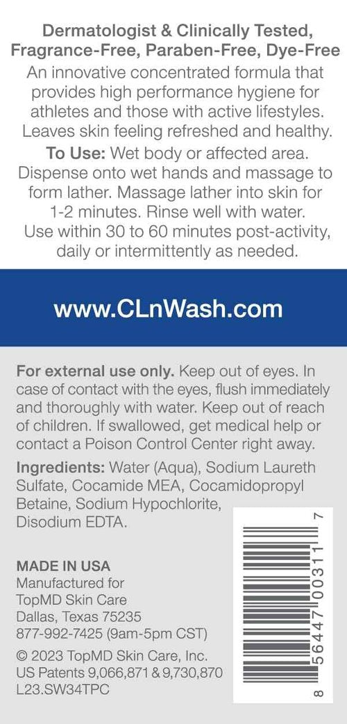 CLn® SportWash – High-Performance Sport Body Wash, For Men & Women Prone to Body Odor, Foot Odor, Ringworm, Folliculitis, & Back Acne, Fragrance-Free & Paraben-Free, 3.4 fl. oz.