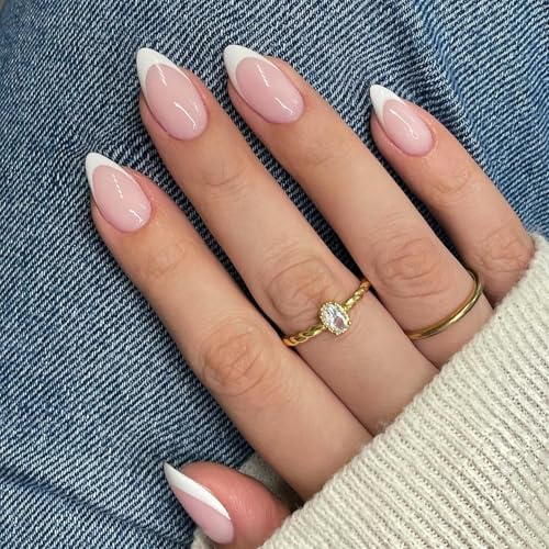 SXVME Almond White French Tip Press On Nails Short Classic Manicure Kit with Glue
