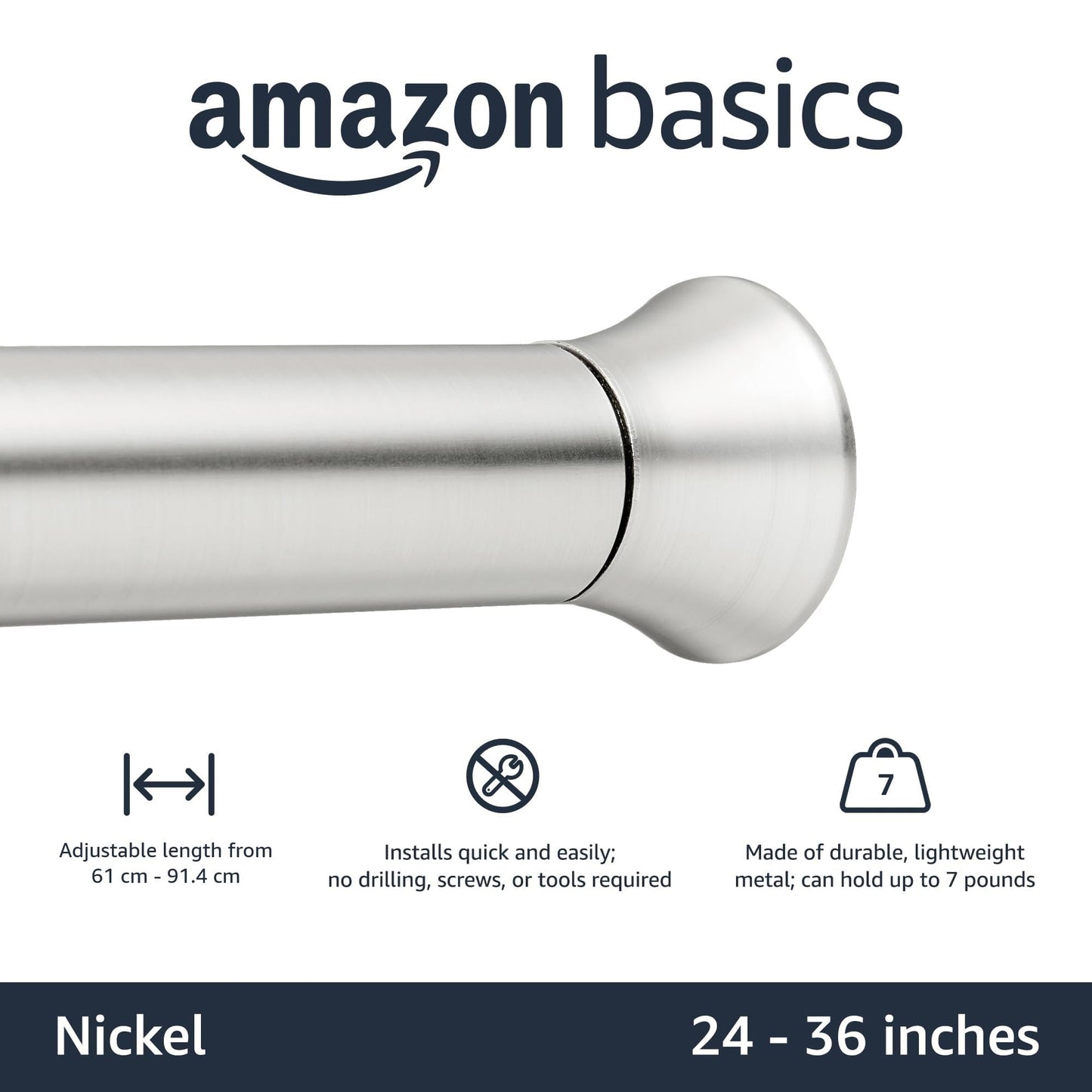 Amazon Basics Tension Curtain Rod, Adjustable 24-36" Width - Nickel, Classic Finial, 7 Pound Weight Capacity