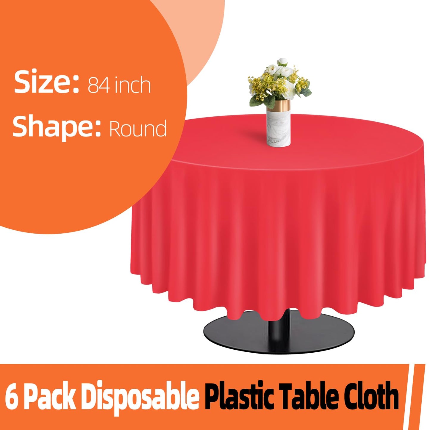 tujol Red 6 Pack Plastic Table Cloth 84", Disposable Round Tablecloth Table Cover, Plastic Table Cloths for Parties