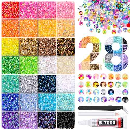 34000Pcs Resin Rhinestones with Tweezers for Crafting, Mixed-Color 3mm Bedazzling Crystal with 1Pcs 10ml B7000 Jewelry Glue for DIY Crafts Clothing Tumblers Shoes Fabric Nail Art