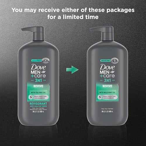 DOVE MEN + CARE Body and Face Wash Invigorating Revive 3N1 with Tea Tree Oil, with 24-Hour Nourishing Micromoisture Technology, 30 oz