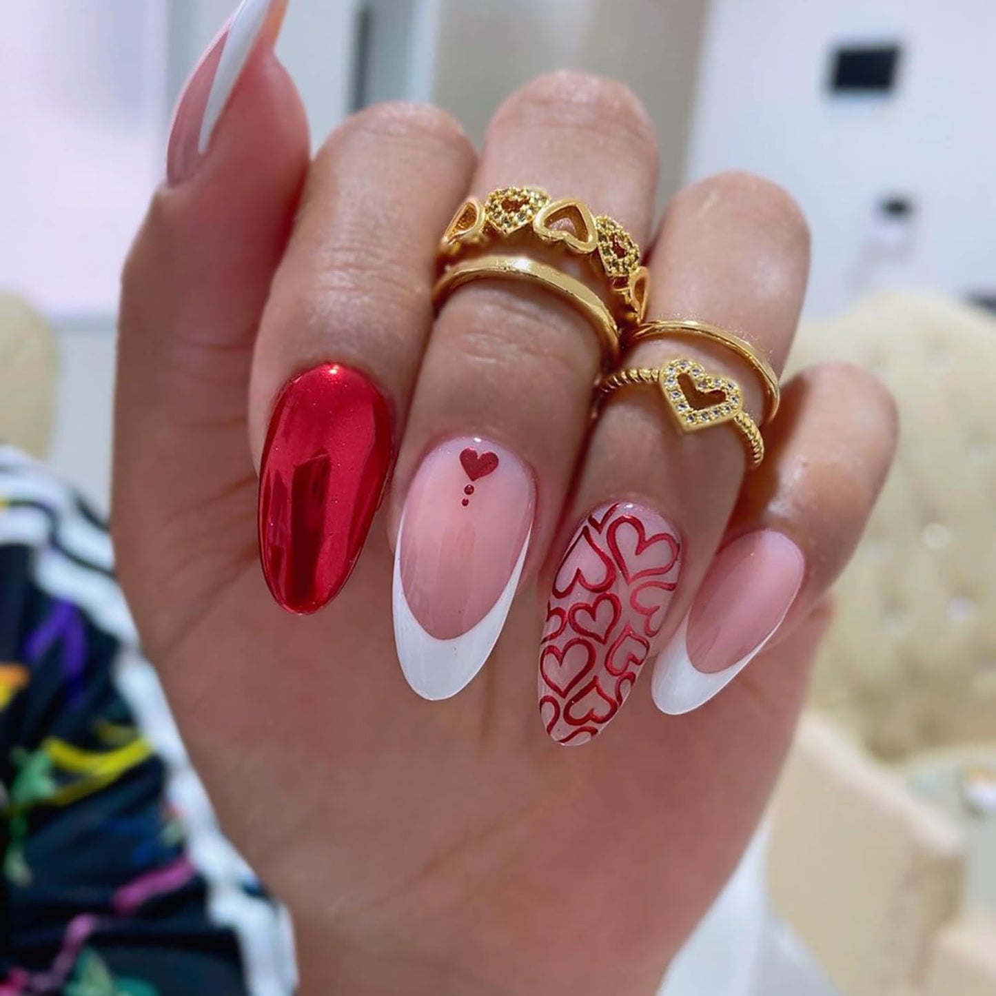 White French Tip Press on Nails Medium Almond Red Hollow Love Heart False Nails with Design Valentine's Day Nails Artificial Acrylic Nails Full Cover Reusable Coffin Fake Nails Glue on Nails for Women