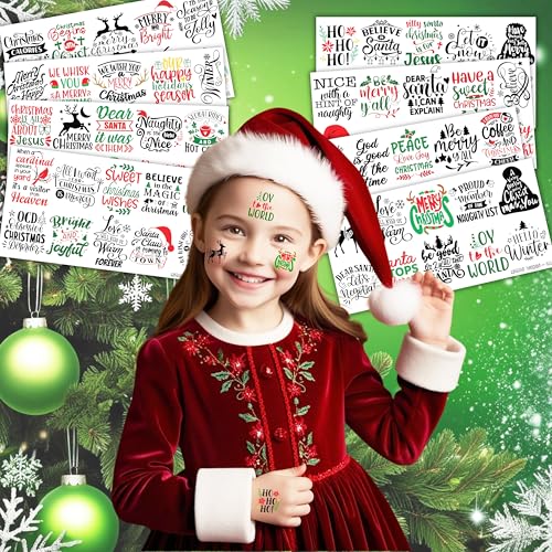 Vinyl Christmas Inspirational Temporary Tattoos - Christmas Bless Saying, Words, Letter Greeting Themed Stickers for Adults & Kids - Xmas Decoration & Birthday Party