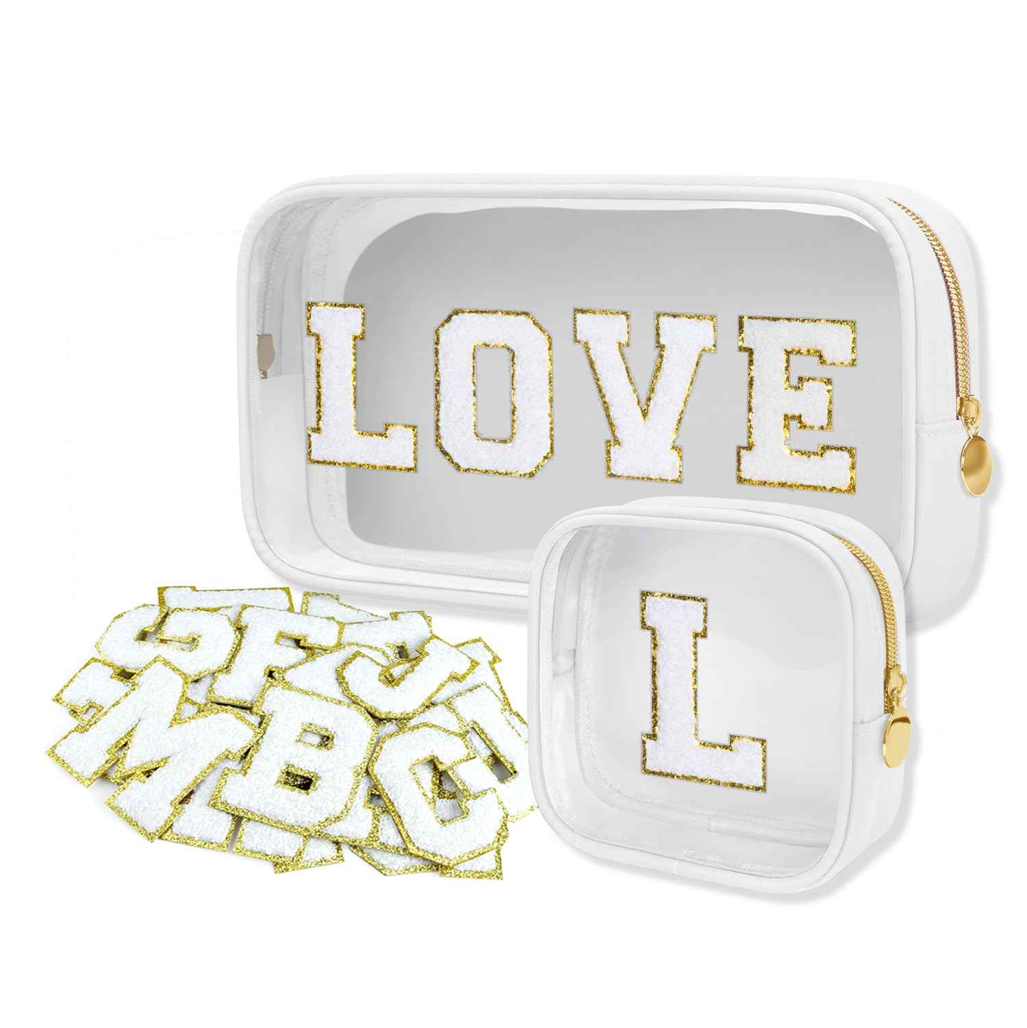 GODEAGLE Personalized Travel Makeup Bag Set, 2PCS Toiletry Bag & 26 Chenille Letters, Elegant Skincare Bag, DIY Bridal Shower Gifts for Engagement Wedding (White)