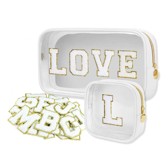 GODEAGLE Personalized Travel Makeup Bag Set, 2PCS Toiletry Bag & 26 Chenille Letters, Elegant Skincare Bag, DIY Bridal Shower Gifts for Engagement Wedding (White)