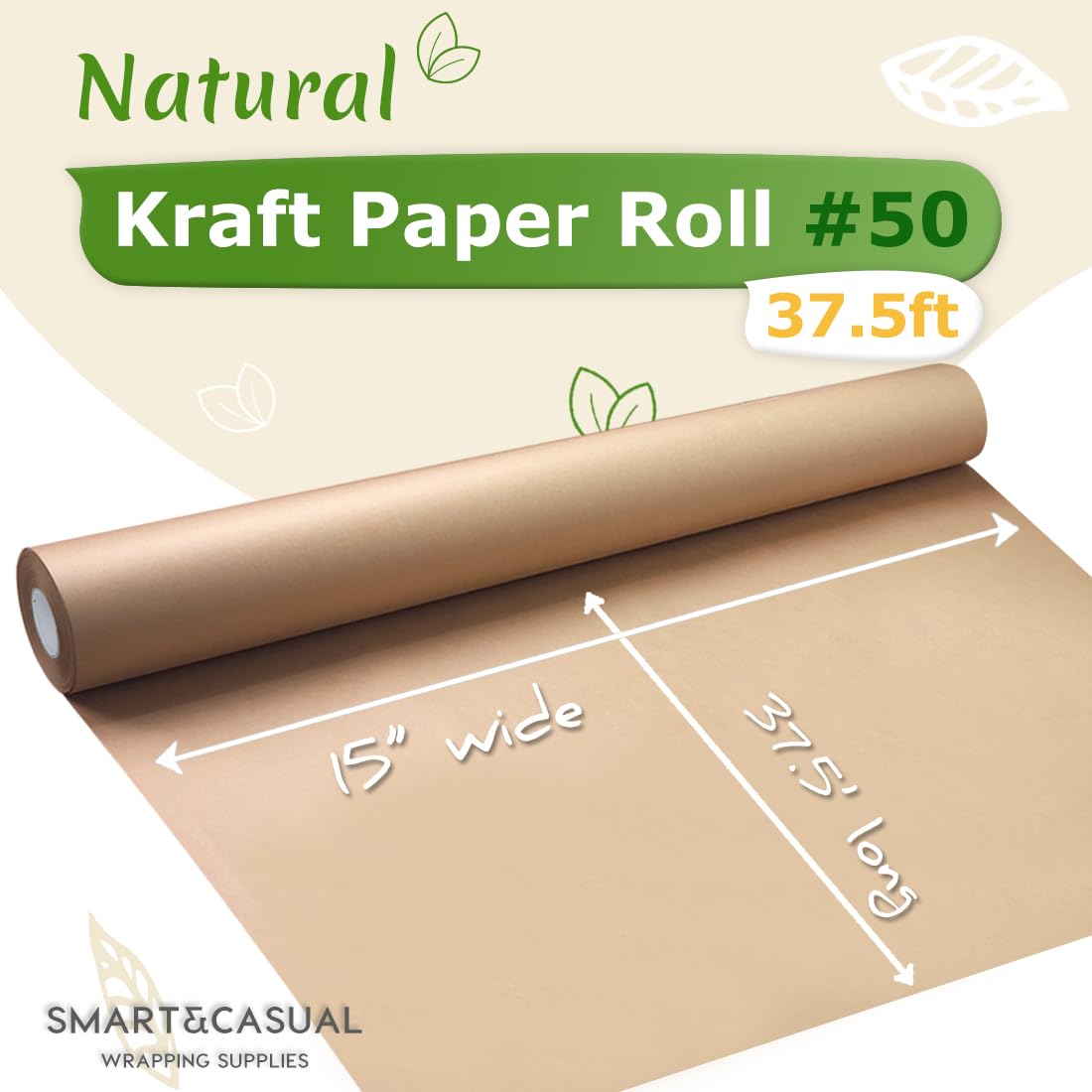 SMART&CASUAL 15" x 450" (37.5') Kraft Paper Roll for Art Craft Supplies Gift Wrapping Moving Packing Kids Painting Drawing Paint Easel Poster Chart Paper (Brown, 15"W x 450"L (37.5'))