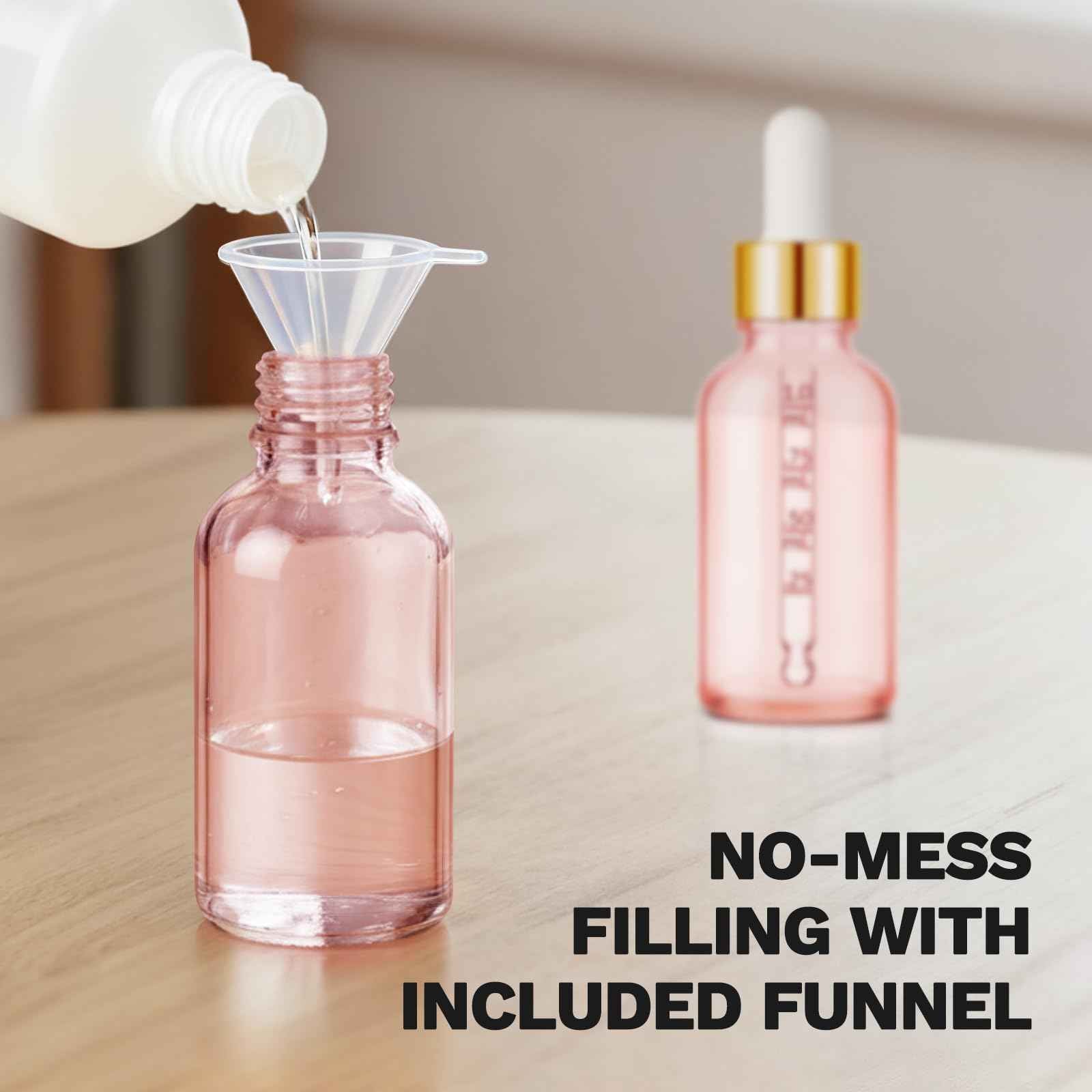 Bumobum 1 oz Dropper Bottle, Pink Glass Dropper Bottle with Glass Measured Dropper & Golden Cap, Empty Eye Tincture Bottles with Funnel & Labels for Essential Oils Serums Tavel Liquids, 4 Pack