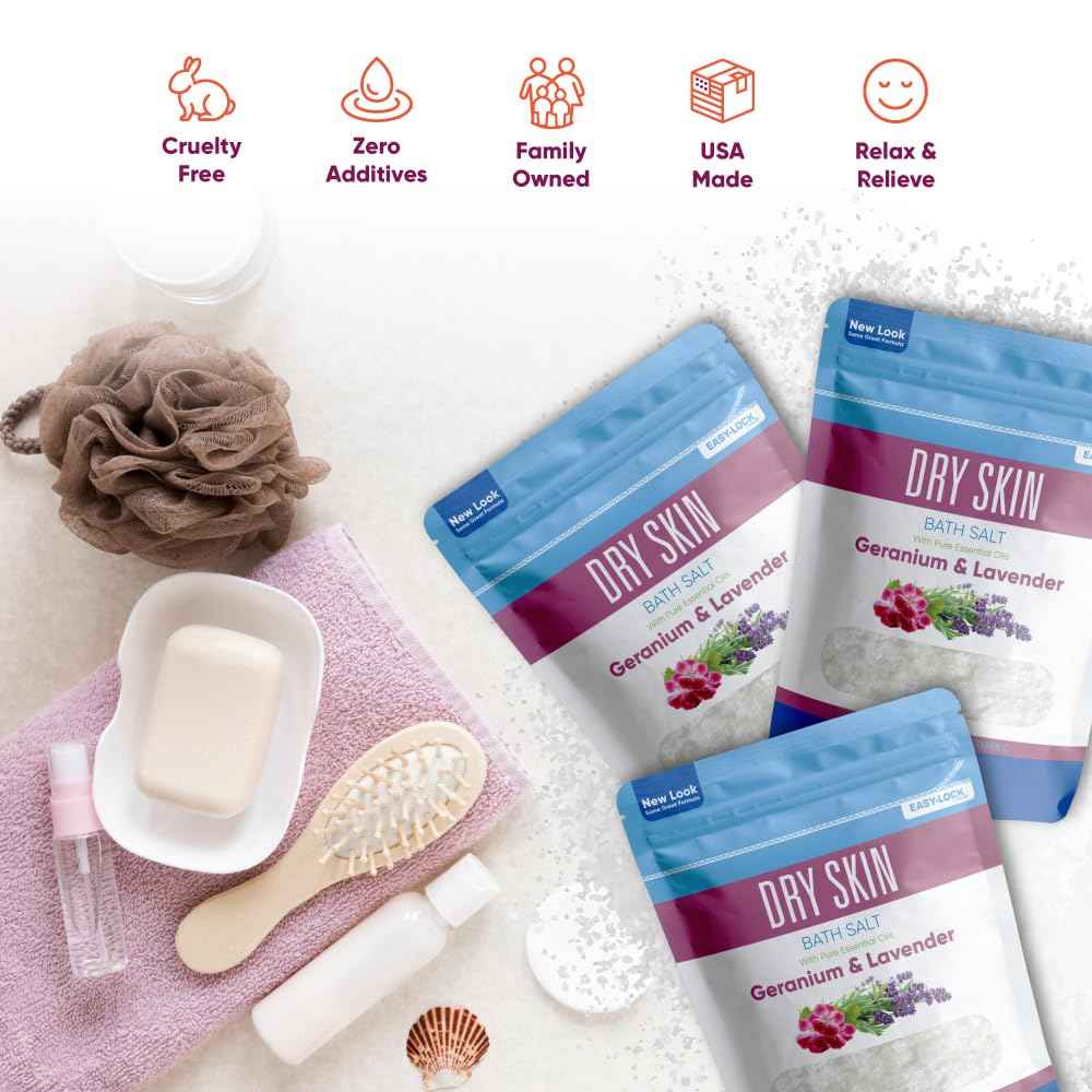 Dry Skin Bath Salt (3 Pack with Scoop) Skin Soothing Epsom Salt with Pure Essential Oils in BPA Free Pouch with Press Lock Seal Made in USA Three 2 Lbs Pouches 6 Lbs Total