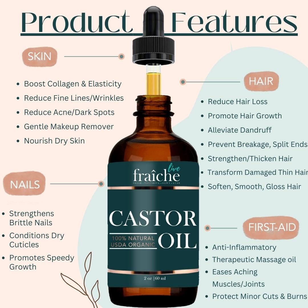 Castor Oil Organic (2oz) + Filled Mascara Tube USDA Certified, 100% Pure, Cold Pressed, Hexane Free by Live Fraiche. Hair Growth Oil for Eyelashes, Eyebrows, Hair. Lash Growth Serum. Brow Treatment