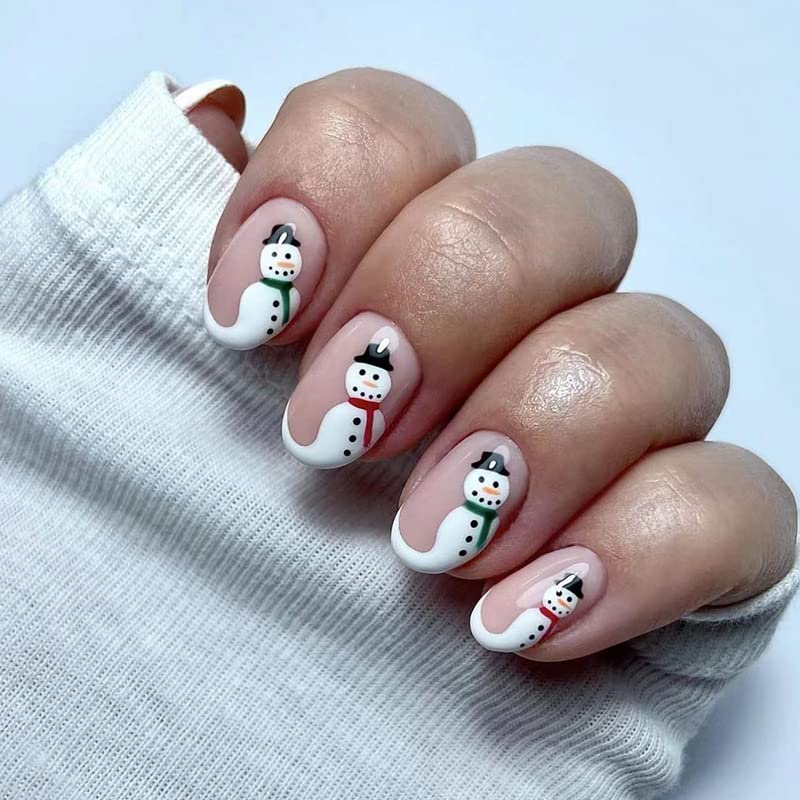 24Pcs Christmas Press on Nails Short White Snowman Fake Nails French Tips False Nails Oval Shape Full Cover Stick on Nails Glossy Nude Glue on Nails for Christmas Acrylic Nail Decorations