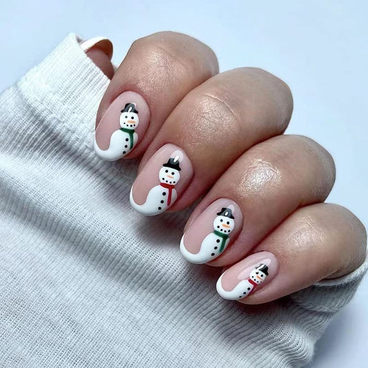 24Pcs Christmas Press on Nails Short White Snowman Fake Nails French Tips False Nails Oval Shape Full Cover Stick on Nails Glossy Nude Glue on Nails for Christmas Acrylic Nail Decorations