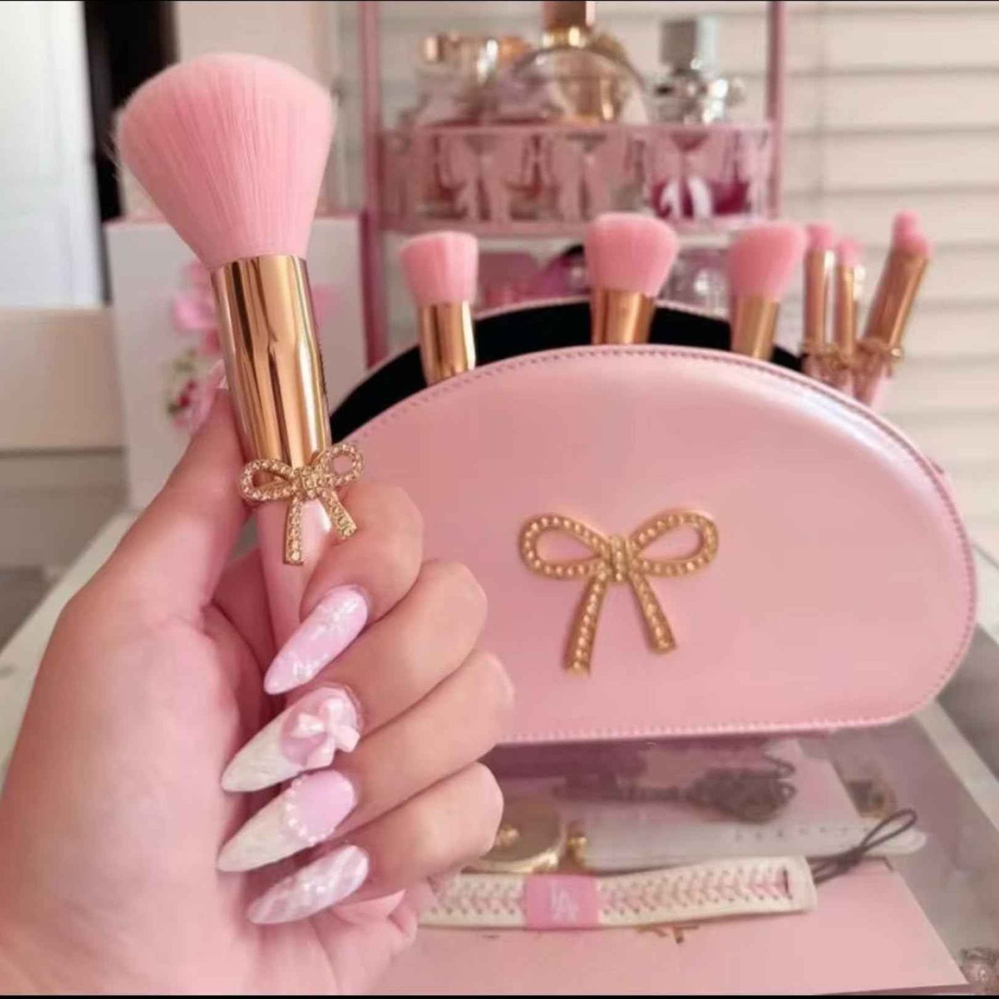 LUXAPE Bow Makeup Brush Set – 9-Piece - Pink bow makeup bag Coquette with Gold Bow & Storage Bag – Beginner Friendly makeup Brushes for Foundation, Contour & More