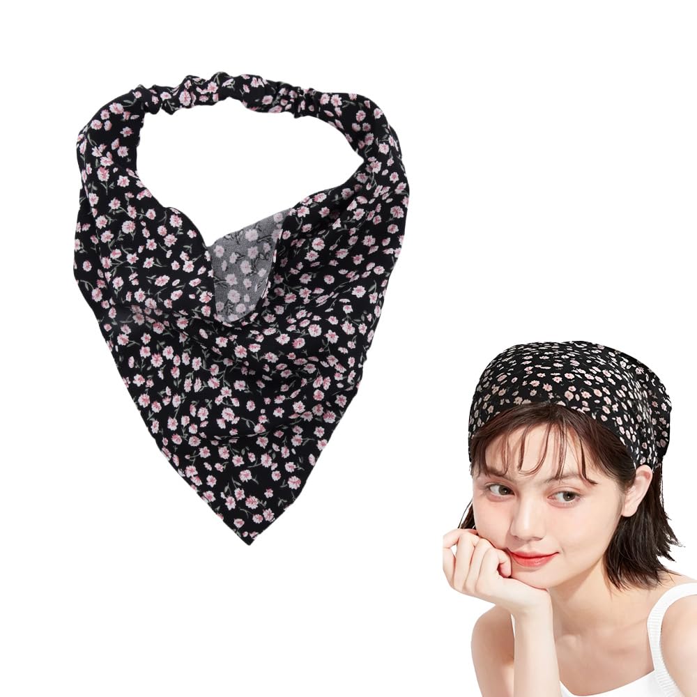 Chiffon Head Scarf for Women's Hair Half Boho Bandana Headband for Women Black Headscarf for Women's Hair Elastic Headbands for Women Floral Hair Bandana Black Hair Scarf Headband Bandana Silk