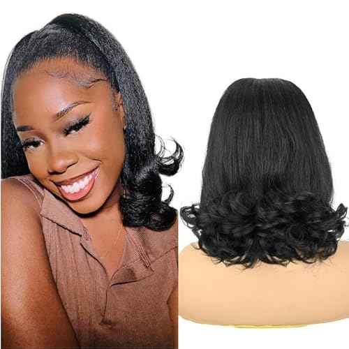 Flick Ponytail Extension 14 inch Yaki Straight Drawstring Ponytail for Black Women Shoulder Length Natural Black Synthetic Kinky Straight Hair Pony Tail with Tail Warping(1B)