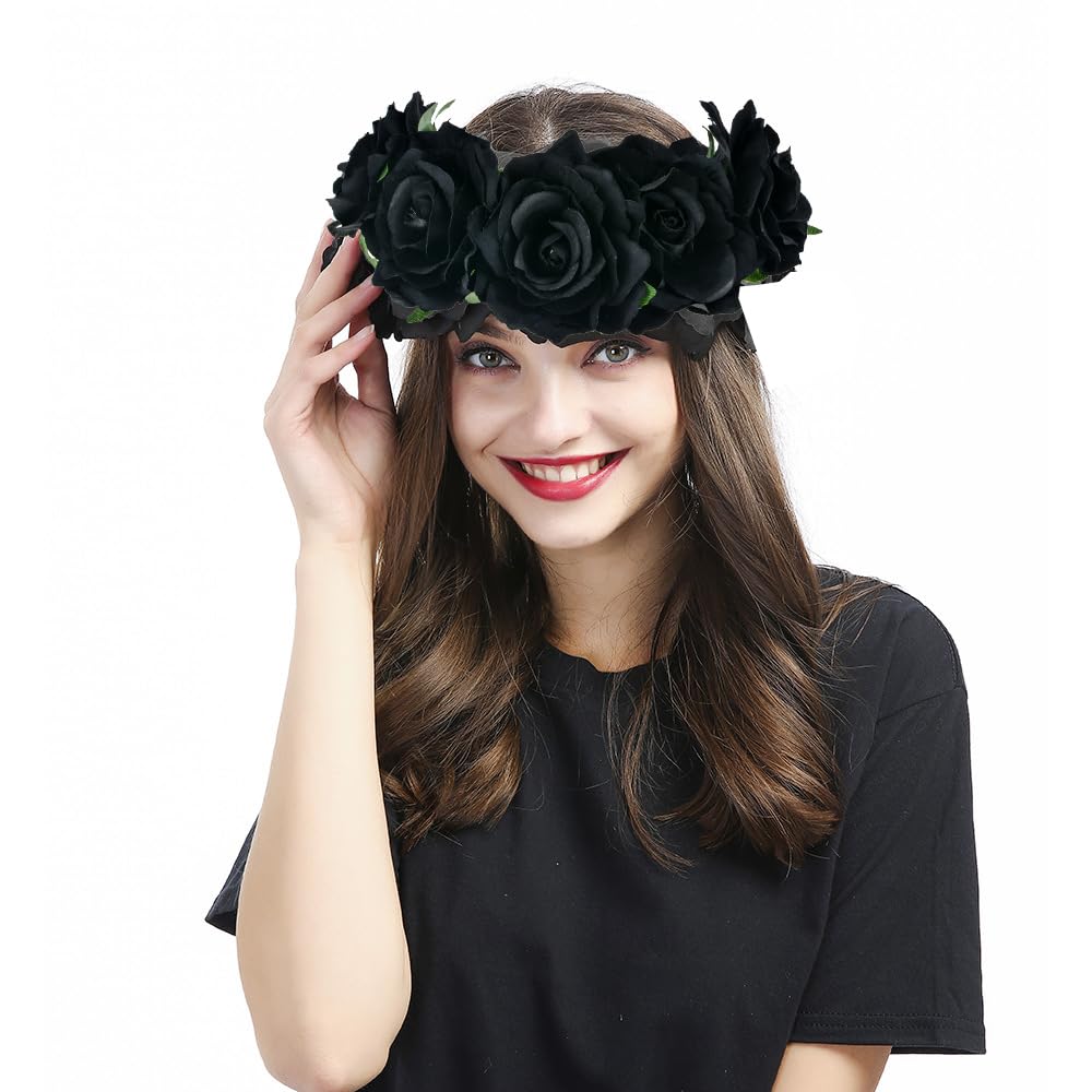 June Bloomy Rose Floral Crown Garland Flower Headband Headpiece for Wedding Festival (Black)