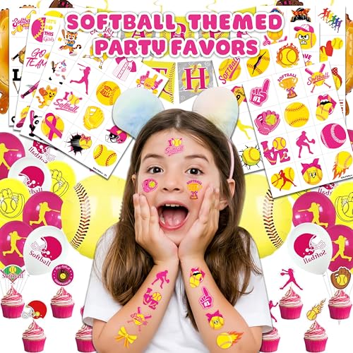 96 PCS Softball Sports Pre-Cut Temporary Tattoos for Kids | Super Cute Softball Themed Birthday Party Favors, Supplies, Decorations, Fake Tattoo Stickers, School Rewards & Gifts Boys & Girls, Carnival