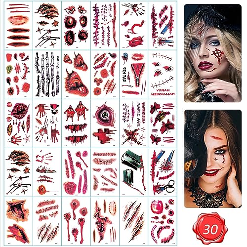 Halloween Scar Tattoos - 30 Sheets Temporary Fake Wound Stickers