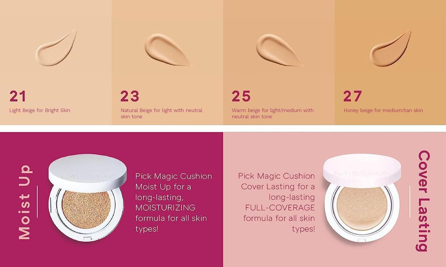 MISSHA Magic Cushion Foundation No.21 Light Beige for Bright Skin - Flawless Coverage,Dewy Finish,Easy Application for All Skin Types