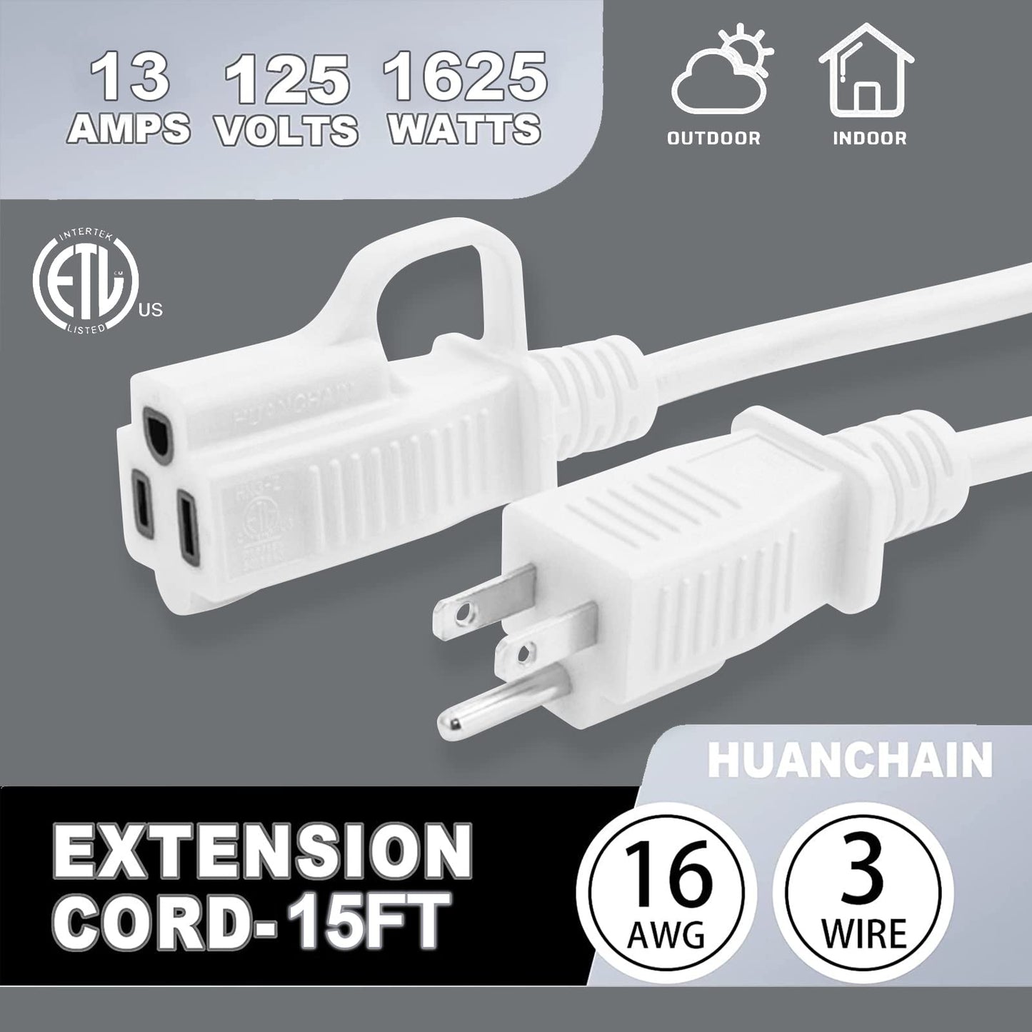 HUANCHAIN Indoor Outdoor White Extension Cord 15 ft Waterproof, 16/3 Gauge Flexible Cold-Resistant Appliance Extension Cord Outside, 13A 1625W 16AWG SJTW, 3 Prong Heavy Duty Electric Cord, ETL