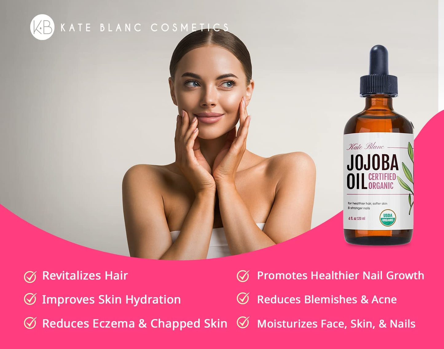 Kate Blanc Cosmetics Jojoba Oil for Hair Growth, Skin & Face (2oz) Facial Oil for Gua Sha Massage. 100% Pure & Natural Hair Oil Moisturize Nails, Ear, Scalps, Cuticles