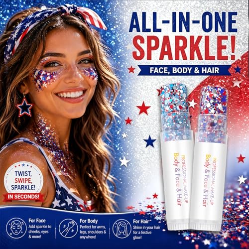 4th of July Red White Blue Body Glitter Stick (2PCS), Waterproof