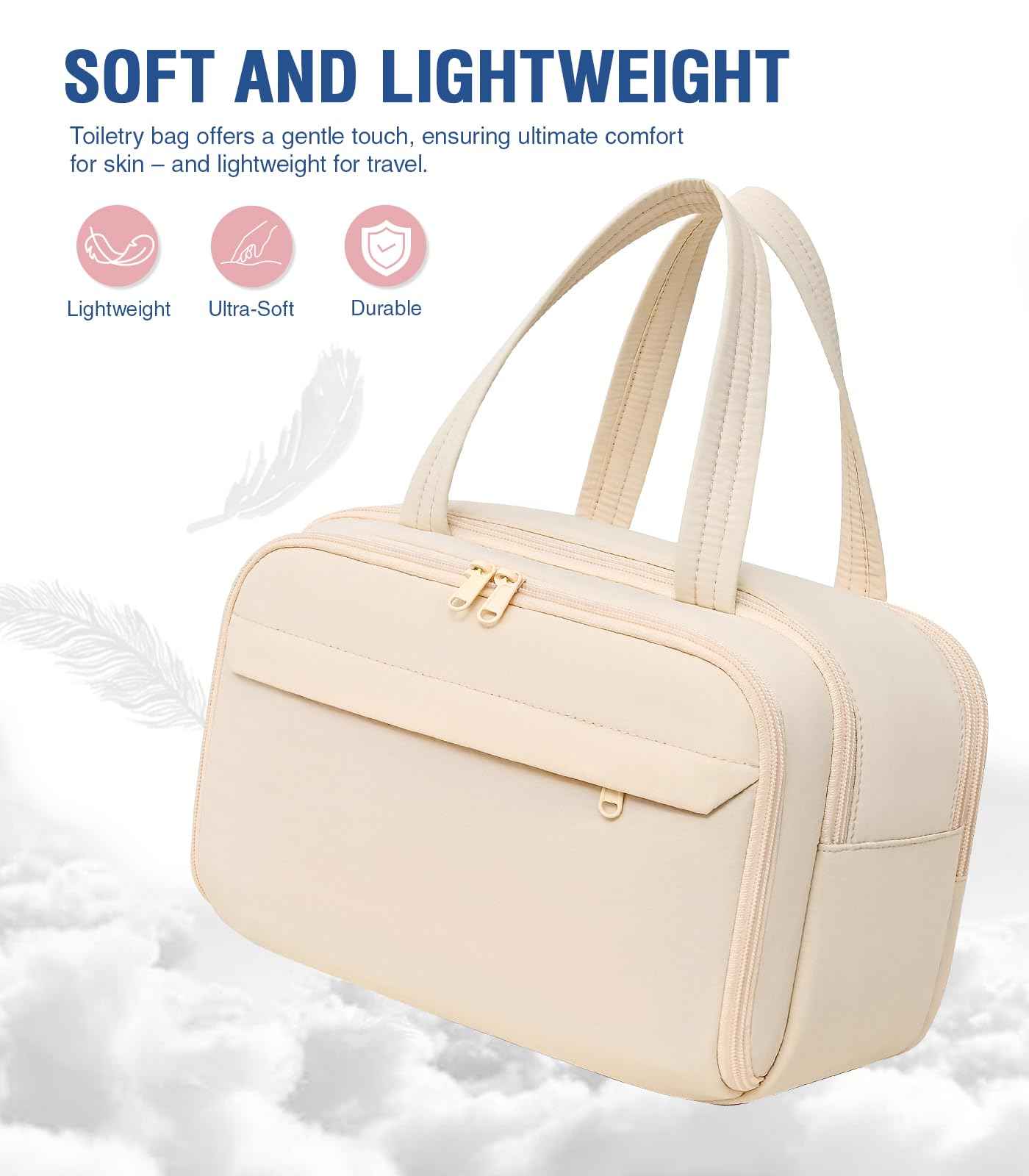 Hairao Travel Toiletry Bag, Lightweight Large Wide-open Toiletry Bag for Women, Puffy Makeup Bag with Handle, Carry-on Wet and Dry Travel Cosmetic Bag For Accessories, Essentials, Toiletries, Beige