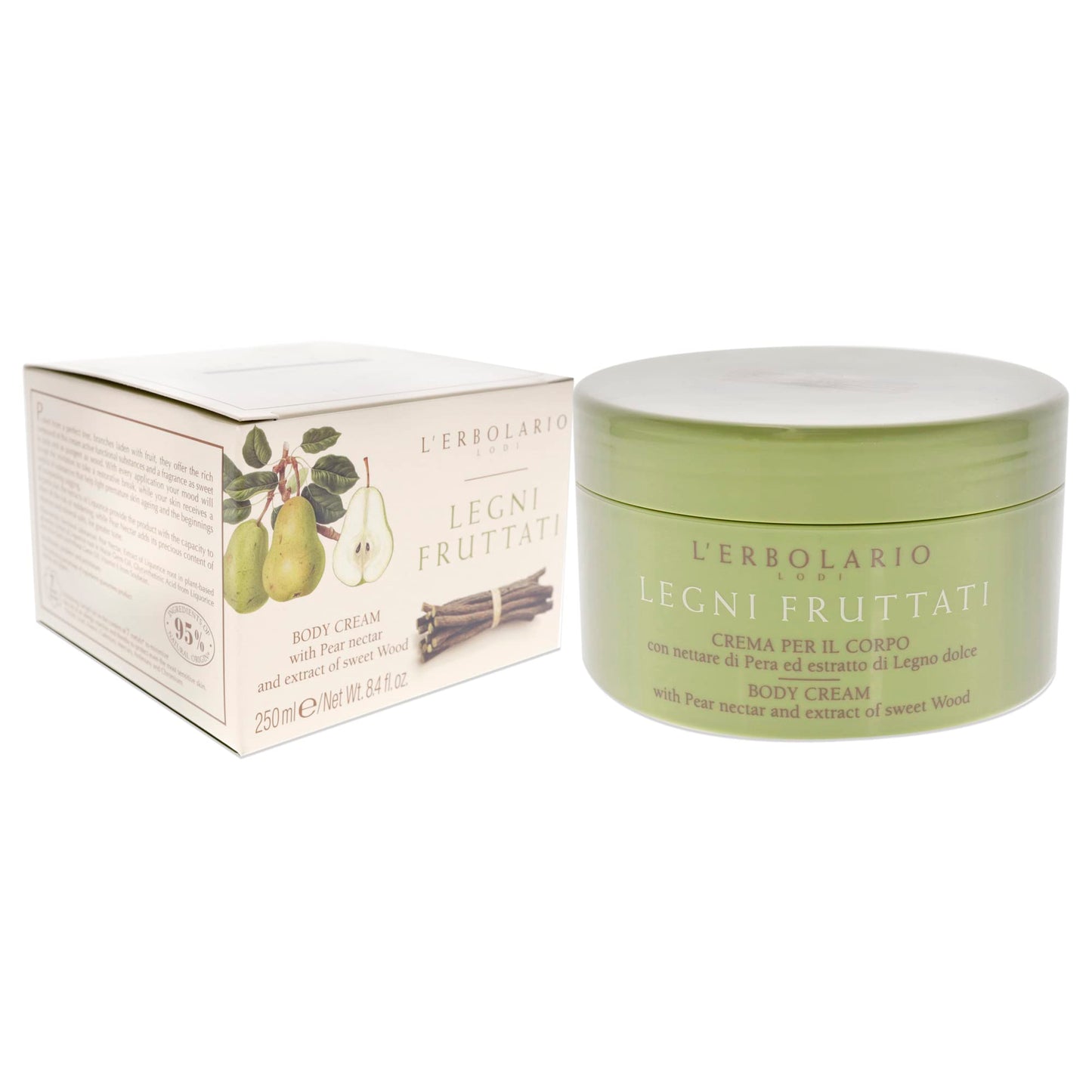 L'Erbolario Body Cream - Moisturizing Body Butter for Dry Skin - Anti-Aging, Toning Skin Care with Woody Scent - Pear Nectar and Sweet Woods - 8.4 oz