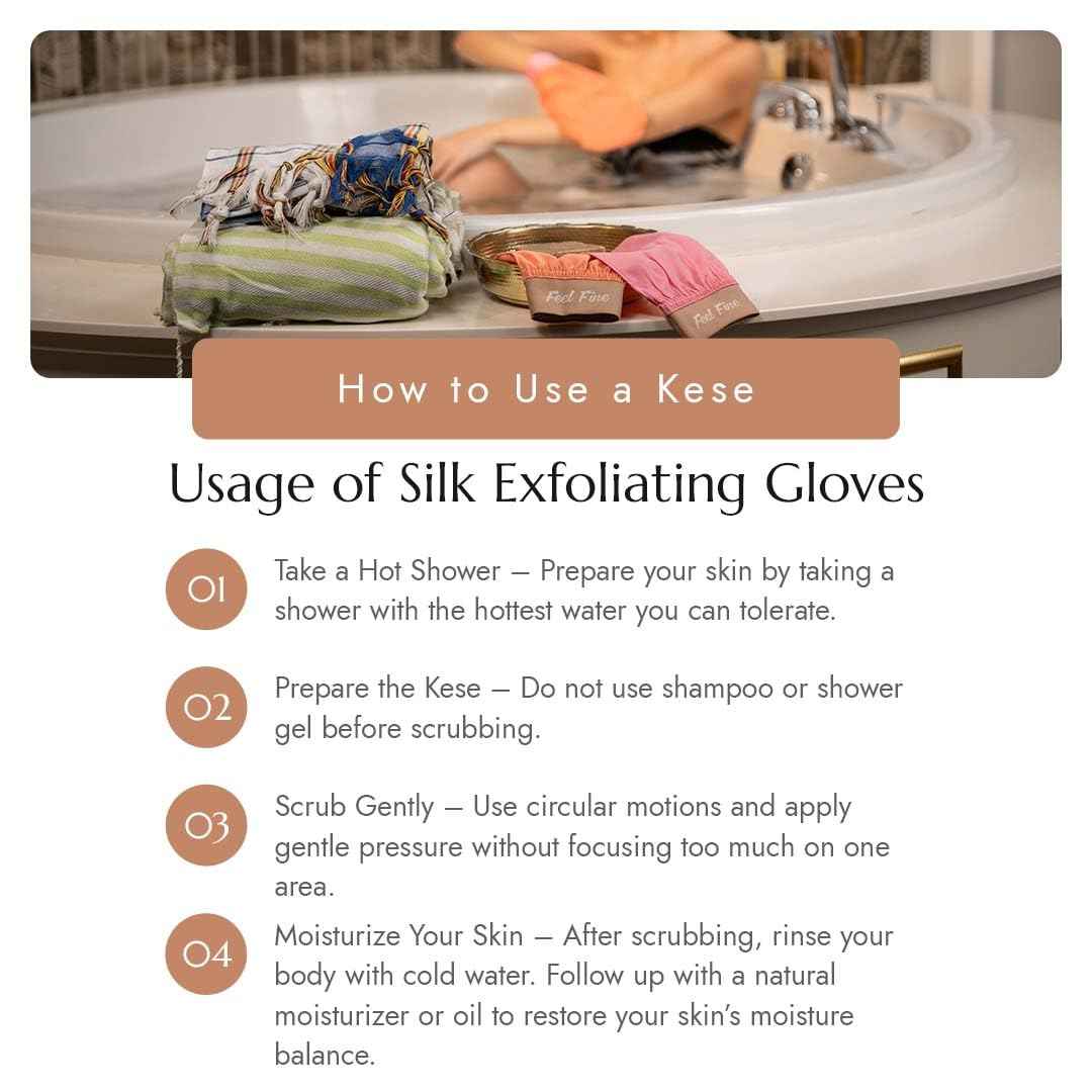 Feel Fine Turkish Exfoliating Mitt Set – 100% Raw Silk Hammam Kese Glove for Men & Women | Handcrafted Turkish Skin Peeling Scrubber Bath & Sauna Exfoliator (Feel Fine)