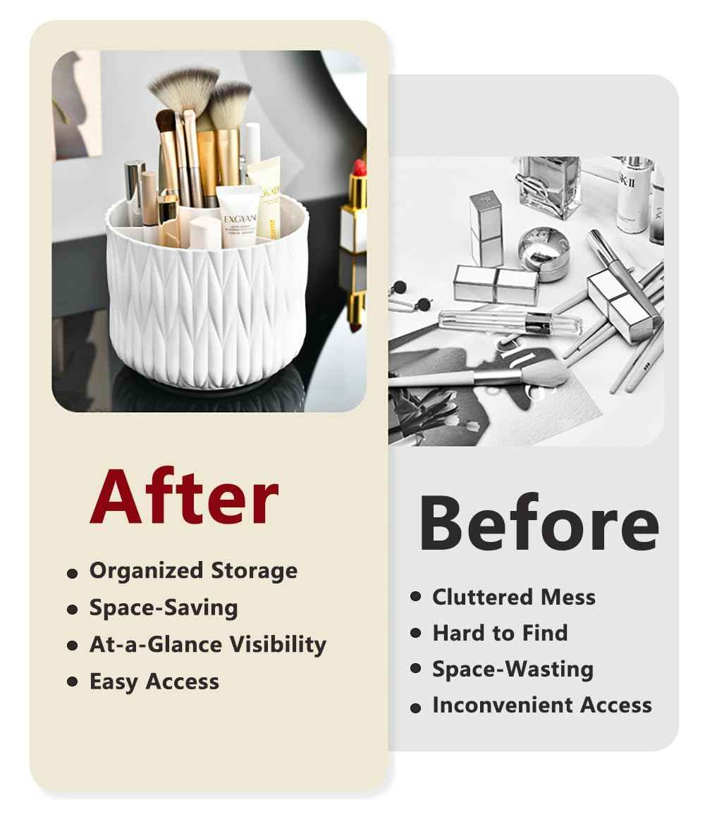 Yoohailor Rotating Makeup Brush Holder - White 5 Slot 360° Spinning Organizer for Vanity Desk, Cute Aesthetic Storage for Women, Multi-purpose Pen Pencil Caddy for Office Home Art Supplies