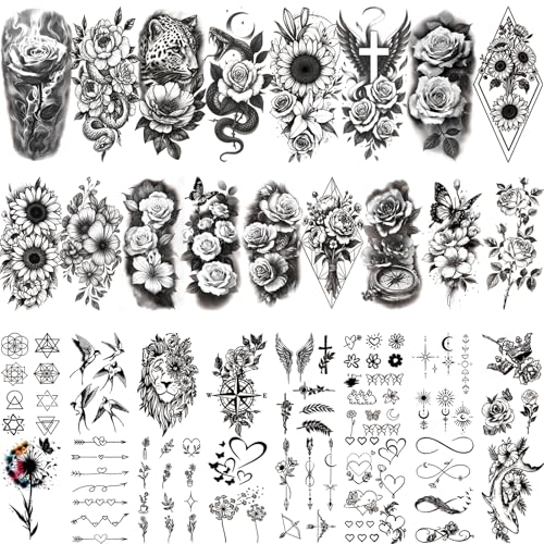 92 PCS Black Flowers Temporary Tattoos Adult Women Girl Teens 3D Temp Realistic Sunflower Rose Cross Leopard Snake Fake Tattoos, Butterfly Peony Floral Leaf Serpent Tatoo Sticker Men Long Lasting