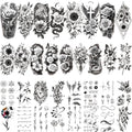 92 PCS Black Flowers Temporary Tattoos Adult Women Girl Teens 3D Temp Realistic Sunflower Rose Cross Leopard Snake Fake Tattoos, Butterfly Peony Floral Leaf Serpent Tatoo Sticker Men Long Lasting