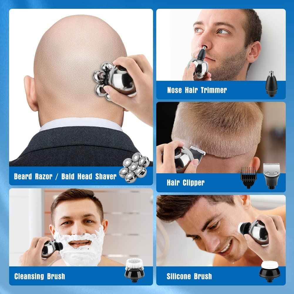 Head Shavers for Bald Men, Wjiang 6 in 1 Electric Razor Mens Shaver Wet Dry Cordless Electric Skull Shavers 7D Floating Rechargeable Bald Head Shaver Back for Men Father's Day Gifts