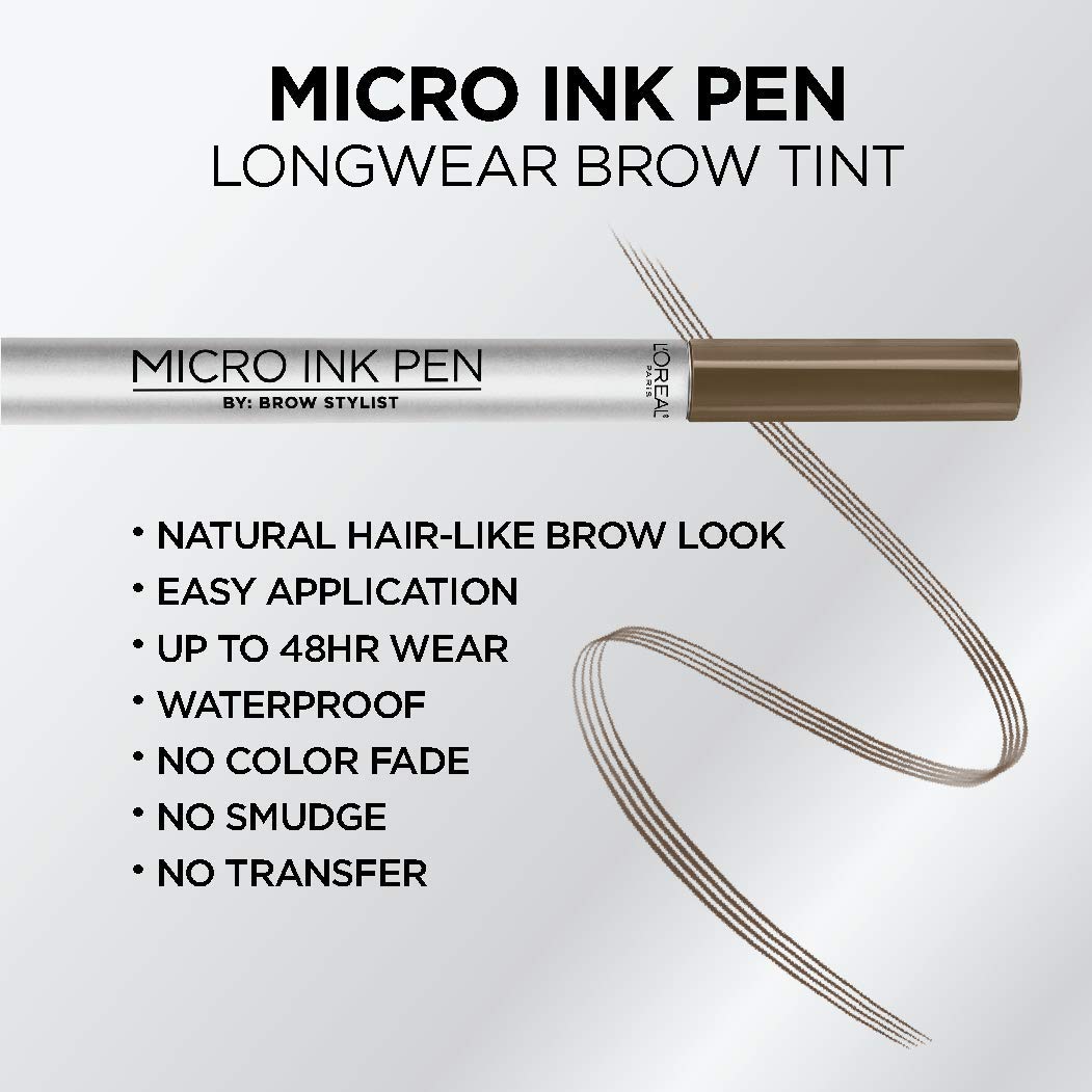 L'Oreal Paris Micro Ink Pen by Brow Stylist, Longwear Brow Tint, Hair-Like Effect, Up to 48HR Wear, Precision Comb Tip, Brunette, 0.033 fl; oz.