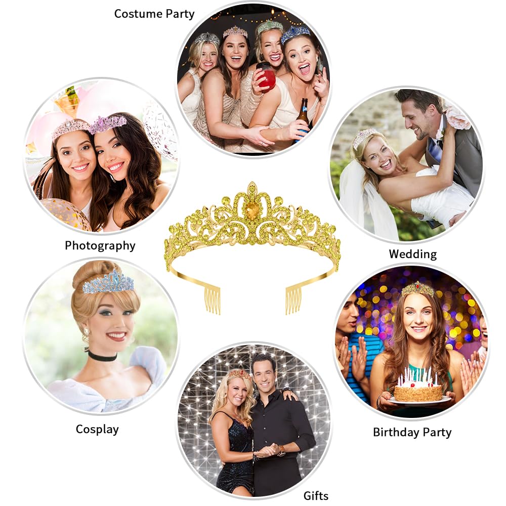 Bridal Crown Yellow Crystal Prom Queen Tiaras for Girl Bling Headbands for Women Rhinestone Happy Birthday Princess Crown with Combs Elegant Headdress Decorations for Christmas Wedding Party Gifts