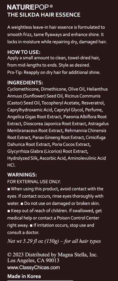 Naturepop Hair Essence Anti-Frizz, Hydration and Nutrition Hair Essence for Damaged, Bleached and Dry Hair 5.29 fl oz / 150 g Made in Korea