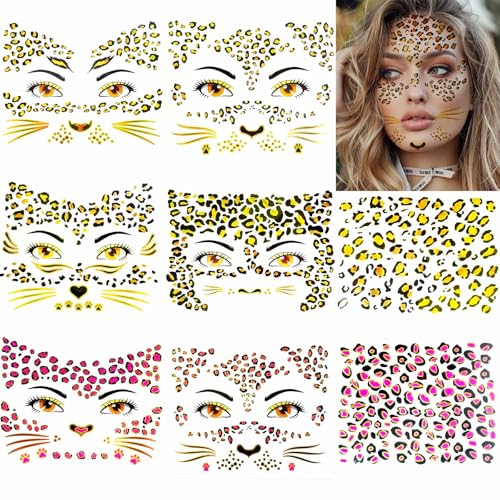 8 Sheets Gold Glitter Leopard Face Temporary Tattoos Stickers, Glitter Fake Cheetah Face Whisker Tattoos Stickers for Halloween Costume Makeup for Kids Adults Women Men