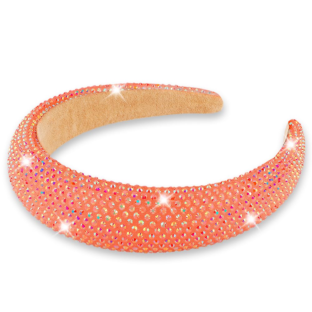 AHONEY Glitter Headbands Rhinestone Headband for Women Girls Padded Embellished Head Band Bling Sparkly Wide Headpieces Disco Headband Birthday Party Hair Accessories (Orange)