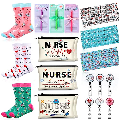 Hotop 36 Pcs Nurse Week Gifts Survival Kit Accessories for Work Badge Reel Makeup Cosmetic Bag Stockings Notepads with Pen Nursing Headbands Buttons Mask Nurses Doctors