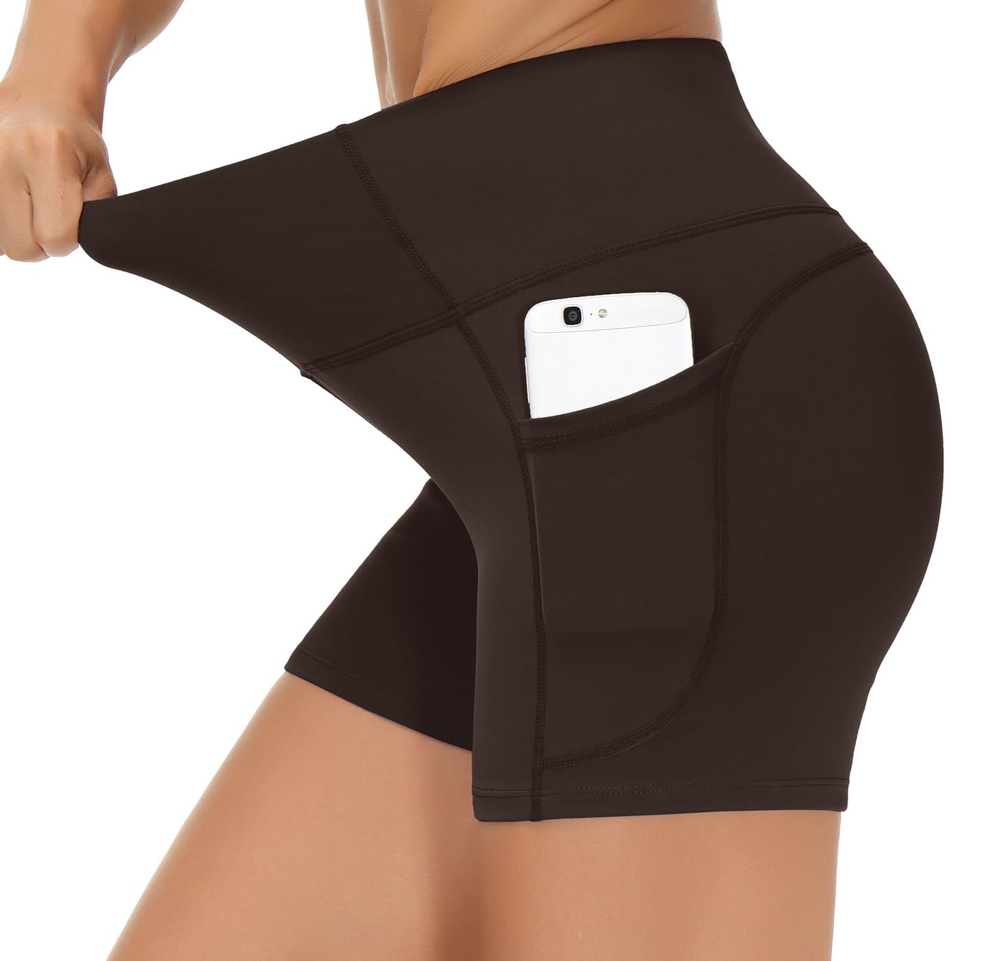 THE GYM PEOPLE High Waist Yoga Shorts for Women's Tummy Control Fitness Athletic Workout Running Shorts with Deep Pockets Brown