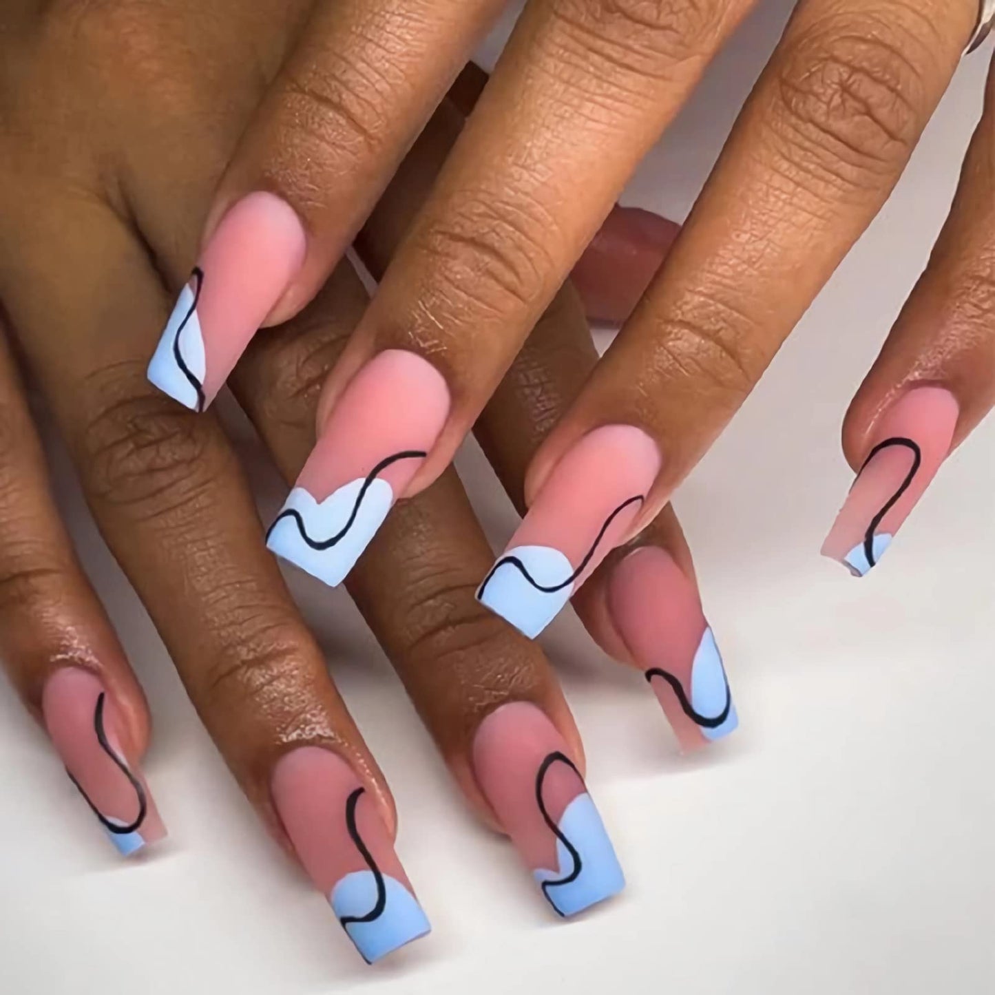 BABALAL Square Press on Nails Medium Fake Nails PInk Blue Acrylic Nails 24Pcs Matte Squoval Stick on Nails