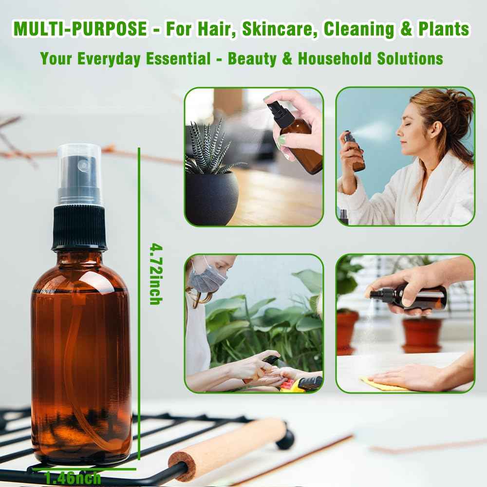 YUNFOOK 2oz Amber Glass Spray Bottles for Essential Oils, Hair, Skincare, Cleaning & Travel,2-Pack Small Empty Spray Bottle