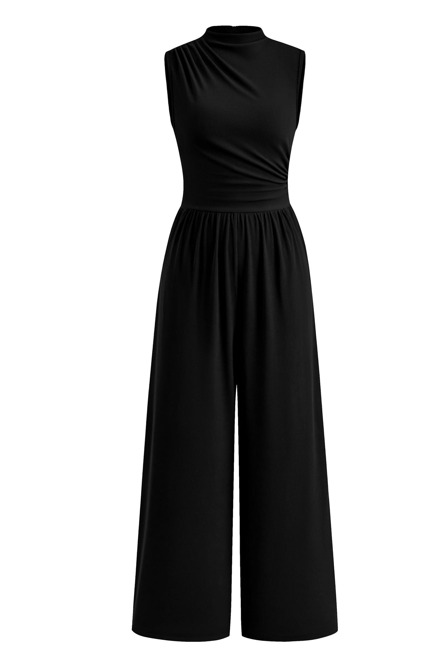 PRETTYGARDEN Womens Summer Jumpsuits Dressy Casual One Piece Outfits Sleeveless Mock Neck Wide Leg Pants Rompers with Pockets (Style2-Black,Small)