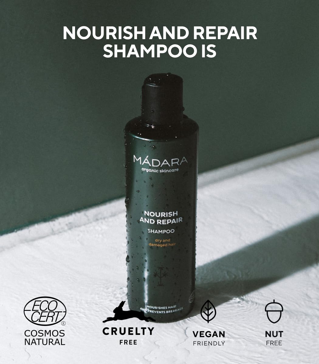 MÁDARA Organic Skin Care Nourish and Repair Shampoo - 250 ml | Rich and Silky Formula with Northern Nettle and Quince | For Dry, Damaged Hair | COSMOS Natural Certified